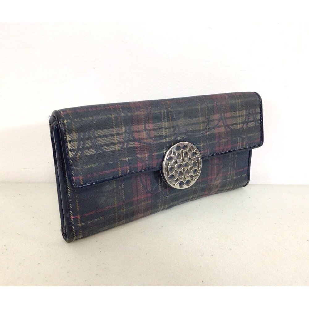 Coach Plaid Leather Wallet Navy